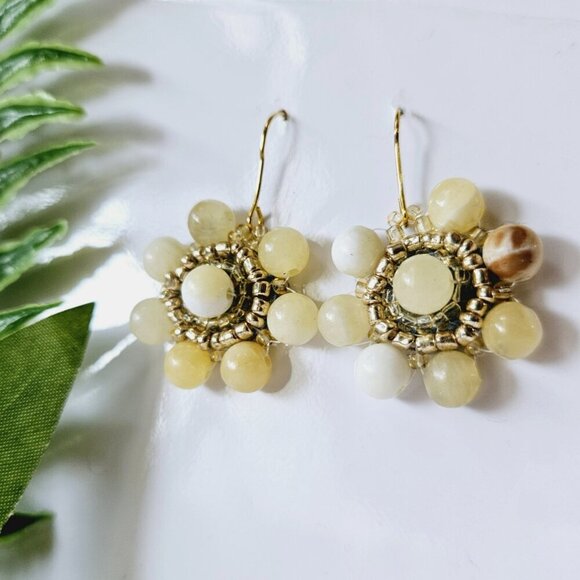 2/$27 | Yellow Marble Mini Shield Beaded Indigenous Hoop Earrings | Handmade - Picture 3 of 6